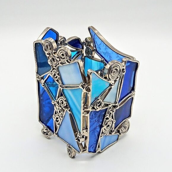 Blue Stained Glass Silver Swirl Candle Holder - Picture 1 of 6